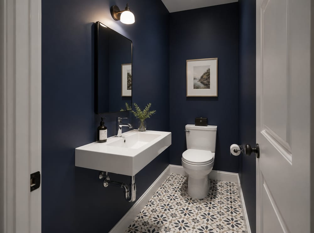 Lavabo mural blanco mate en tocador azul marino