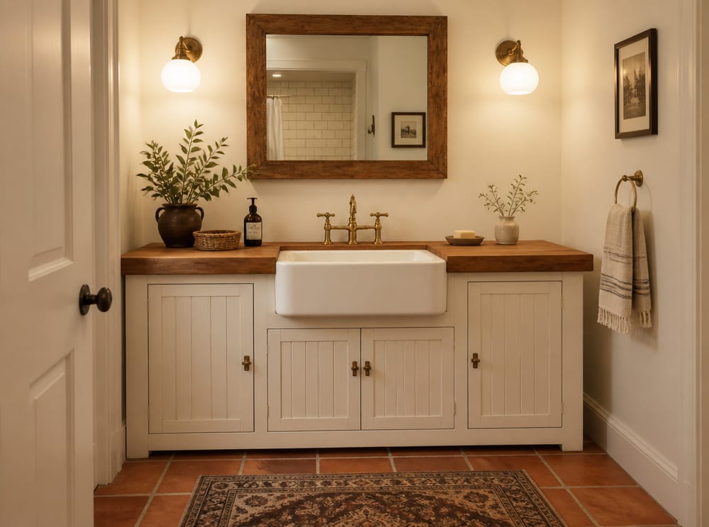 Lavabo de delantal estilo farmhouse en tocador de bloque de carnicero