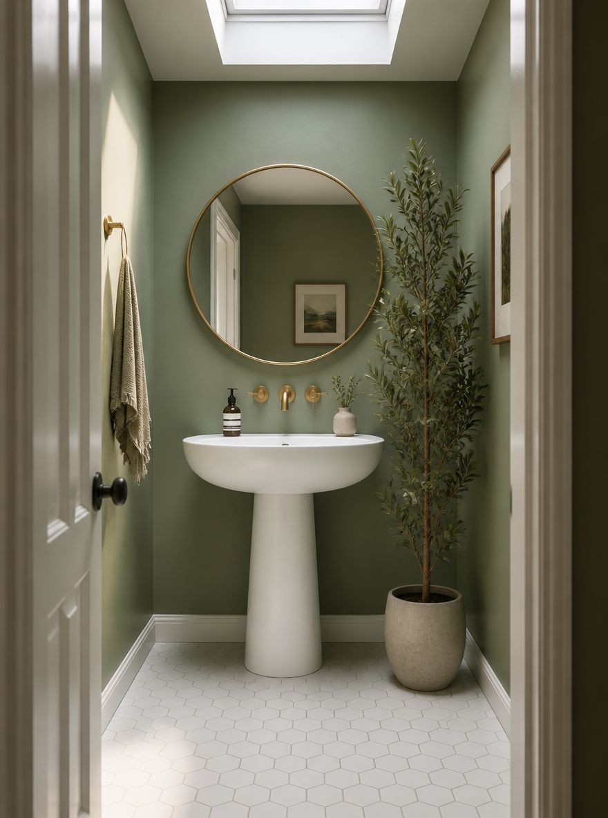 Lavabo pedestal ovalado ancho con espejo redondo apoyado