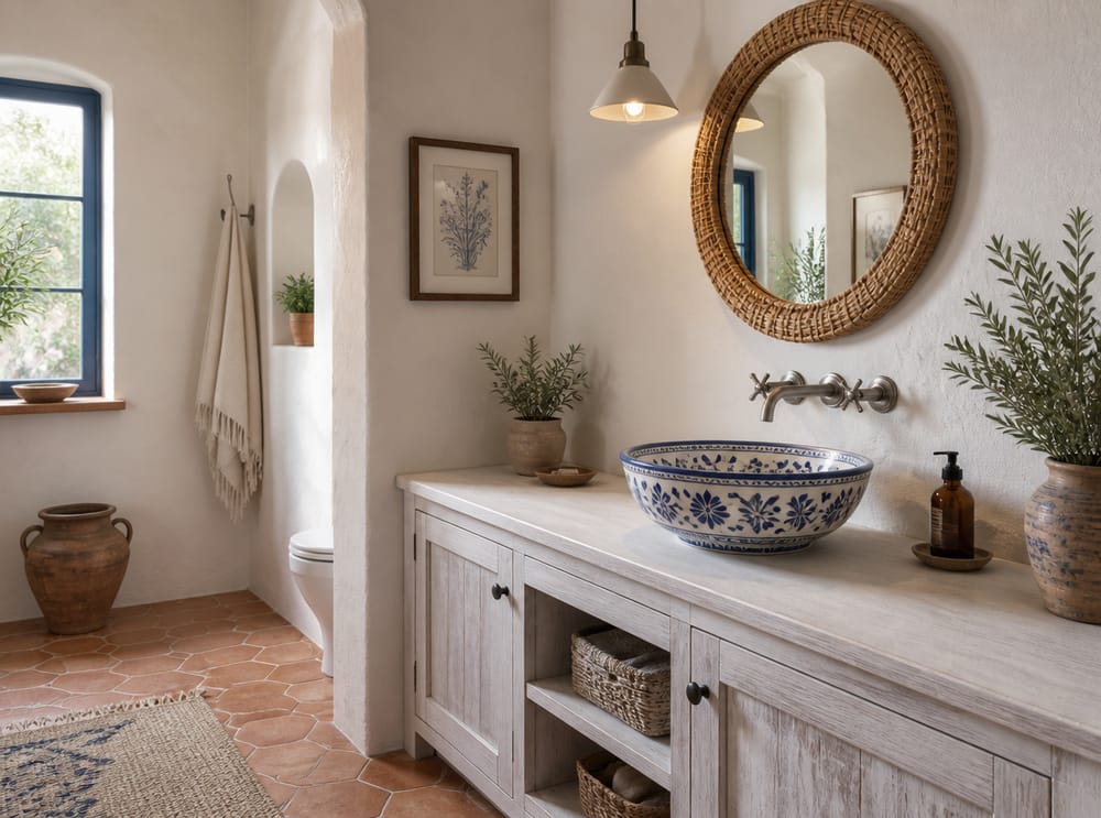 Lavabo de cerámica pintado a mano sobre tocador blanqueado