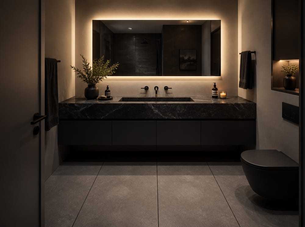 Lavabo bajo encimera en losa de mármol negro pulido