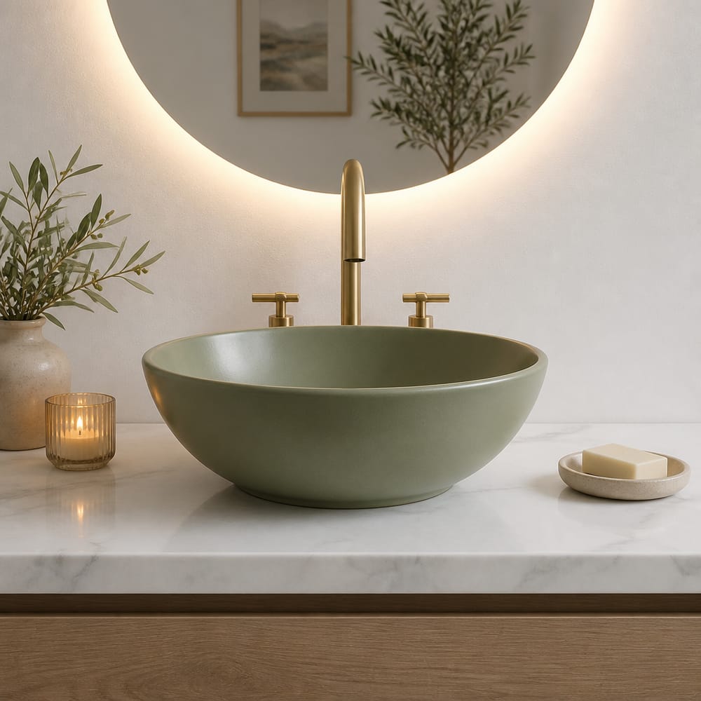 Lavabo sobre encimera verde salvia en losa de mármol