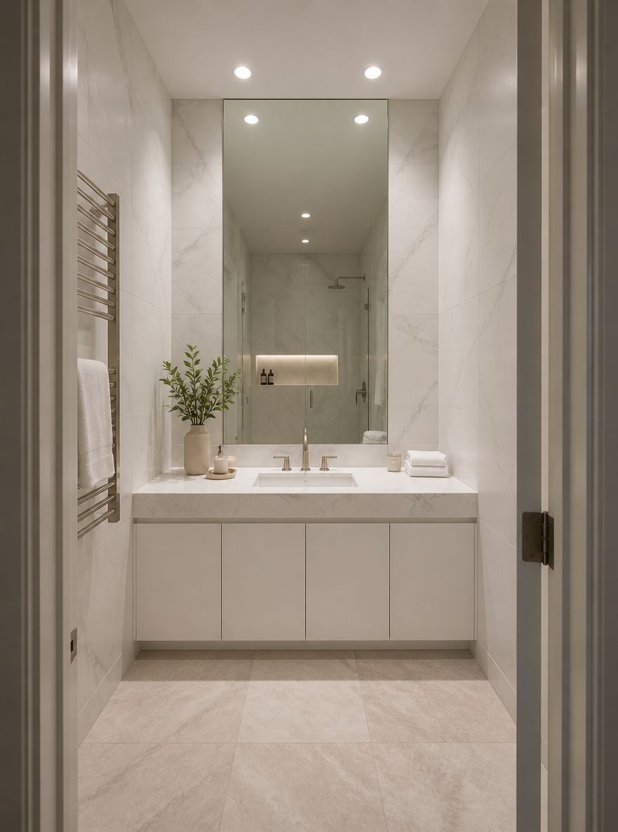 Lavabo bajo encimera en tocador de mármol de piso a techo