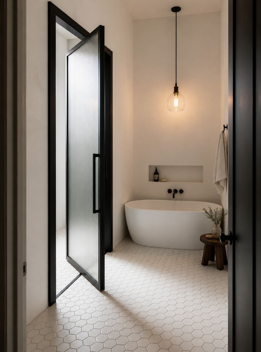 Porta a bilico alta accanto a vasca freestanding