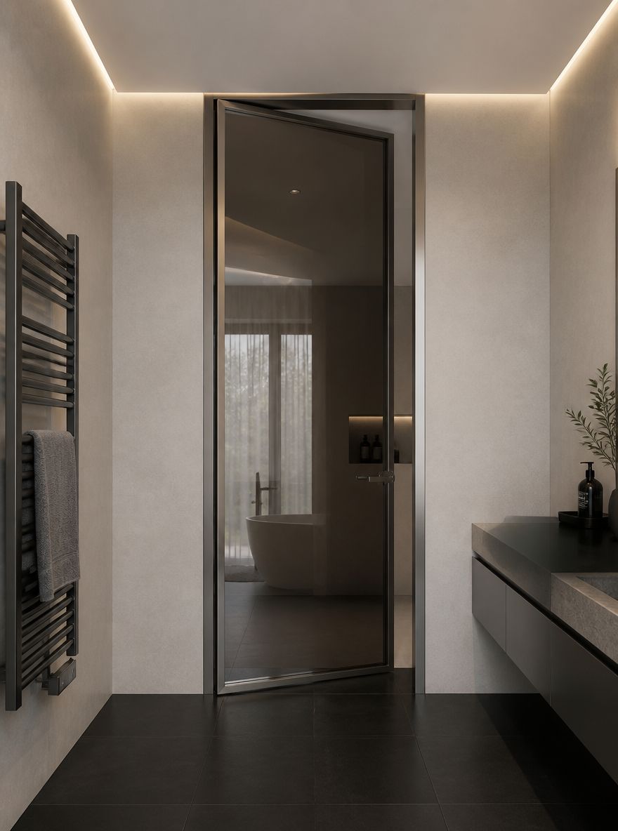 Porta pivot in vetro fumé a tutta altezza