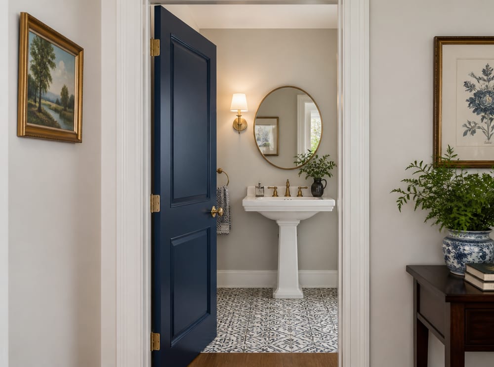 Porta a battente blu navy che si apre su bagno decorato