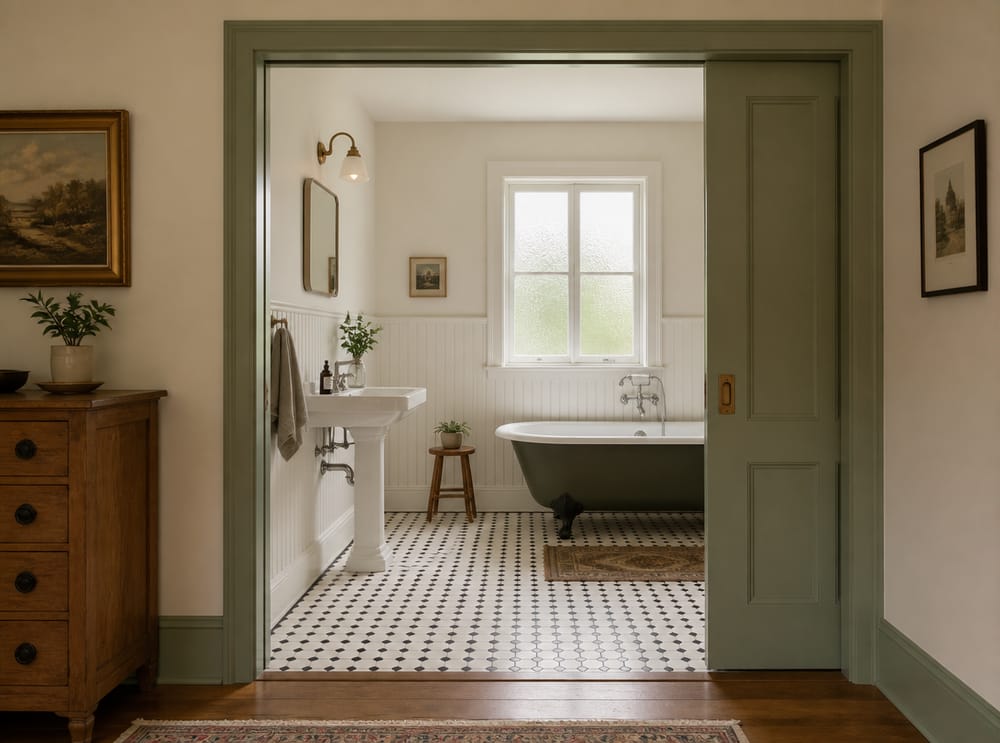 Porta scorrevole salvia aperta su bagno vintage con piastrelle esagonali