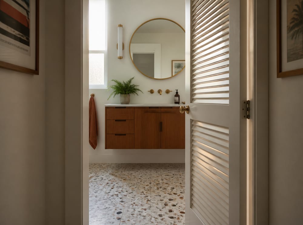 Porta bianca a lamelle che filtra luce nel bagno