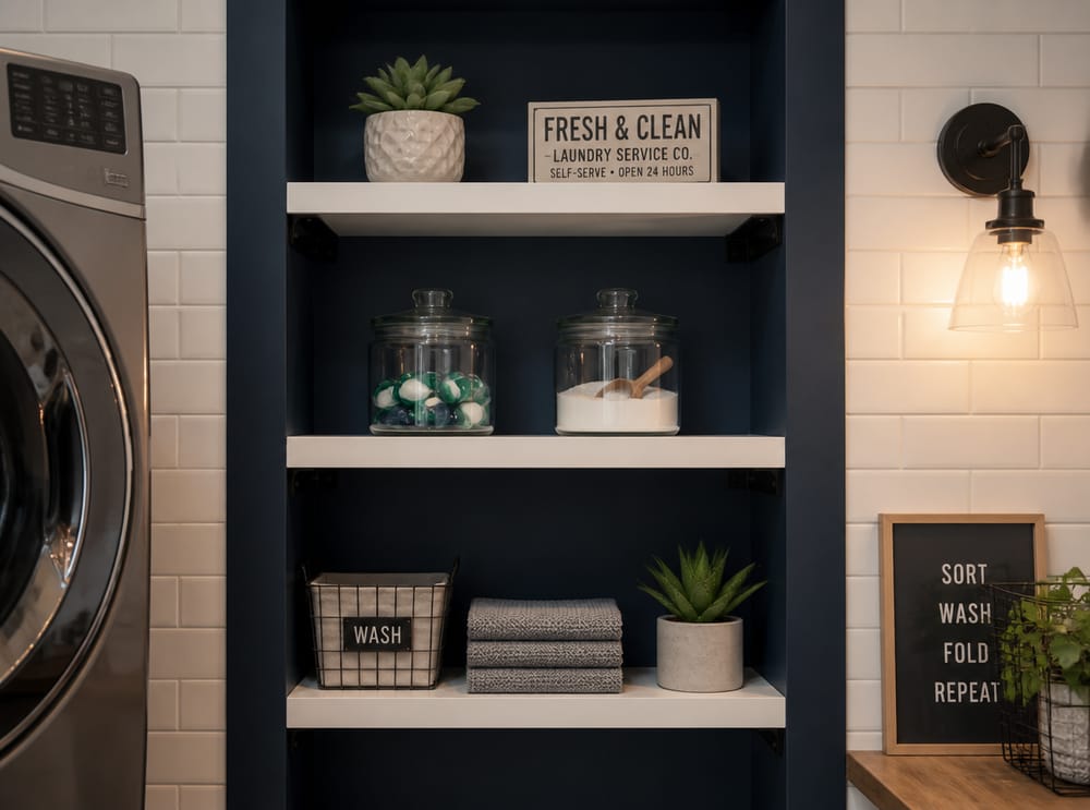 Recessed navy niche shelves between wall studs