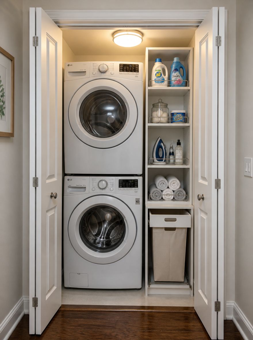 Laundry closet with tall narrow shelving unit