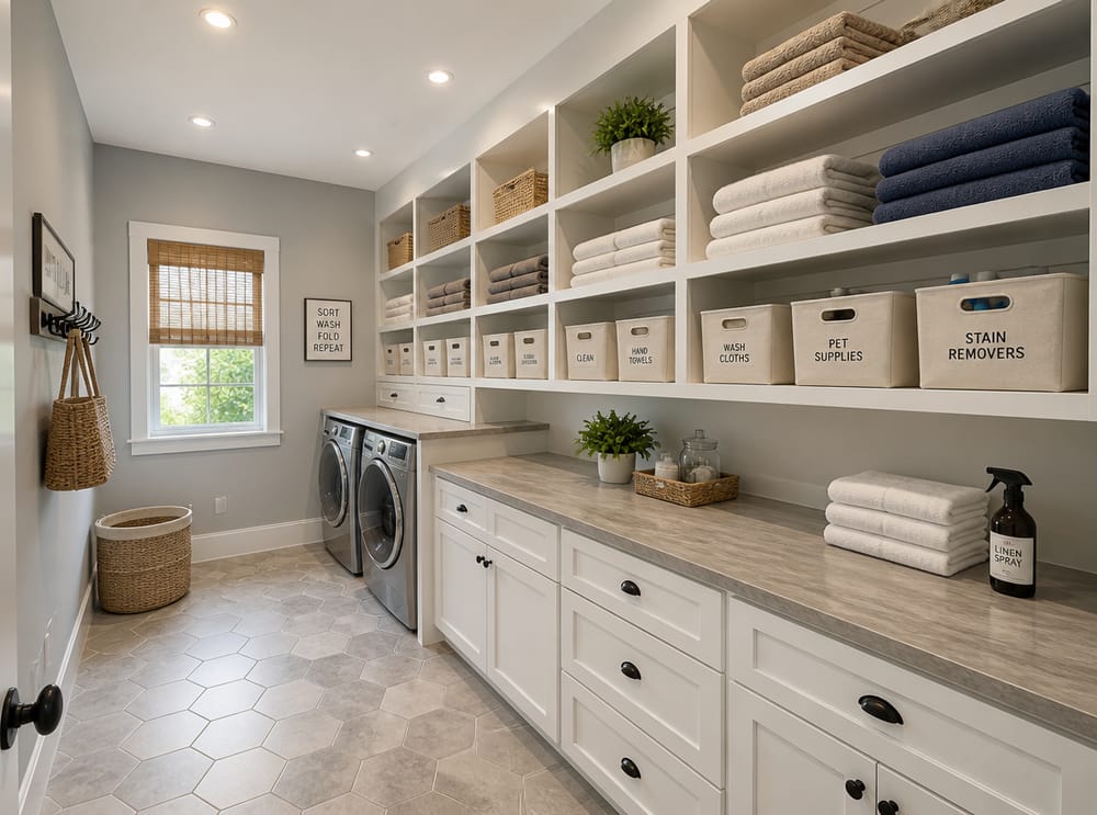 Built-in shelving wall with folding counter below