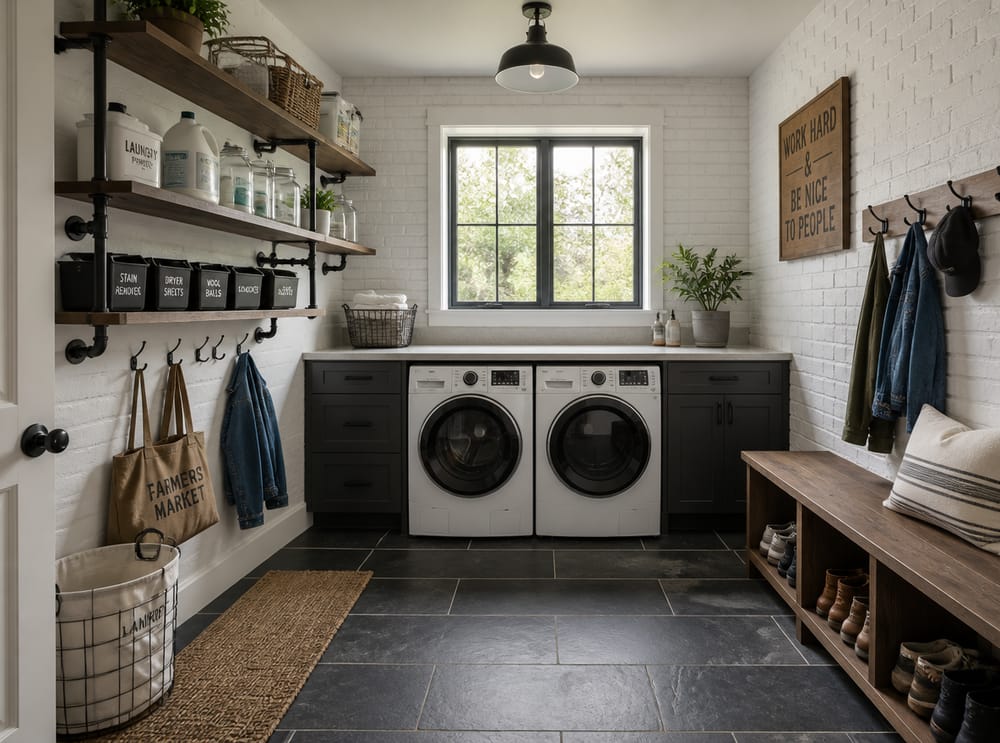 Industrial pipe shelves in mudroom-laundry combo