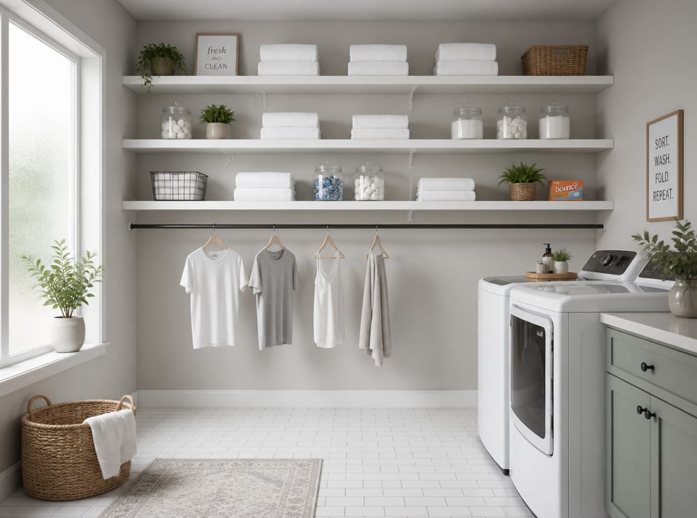 Four-shelf wall unit with hanging rod below