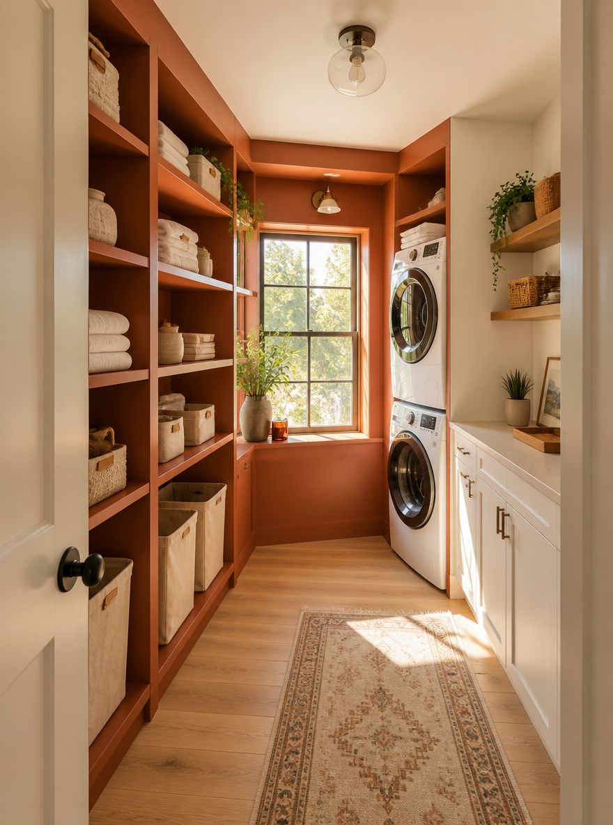 Terracotta-painted shelving framing back window