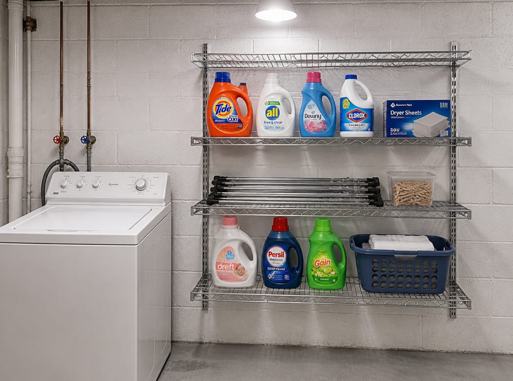 Chrome wire shelves on concrete block utility wall
