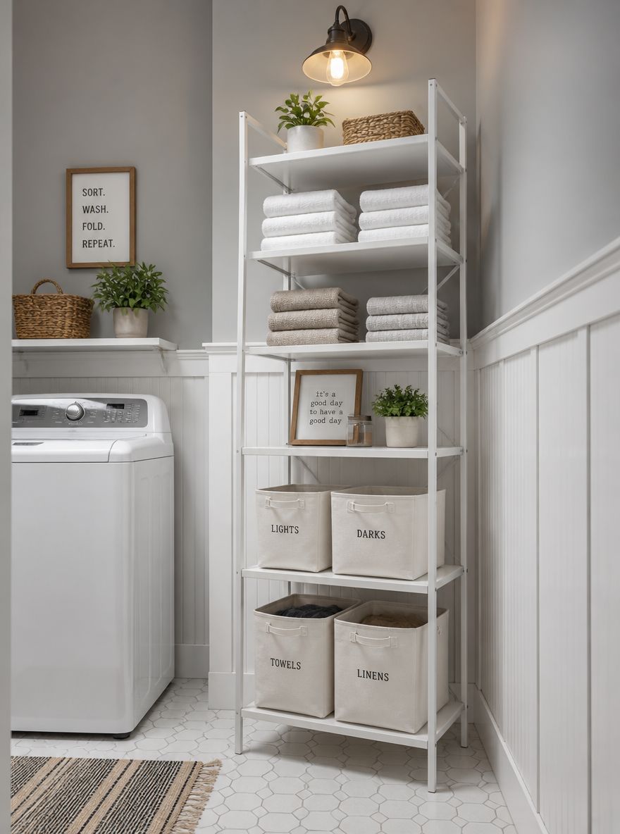 Freestanding metal unit beside top-load washer