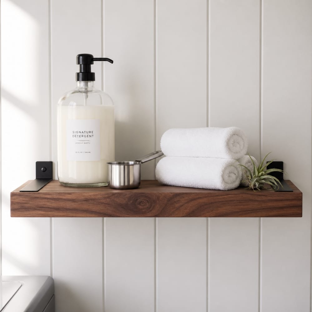 Walnut shelf with organized laundry essentials