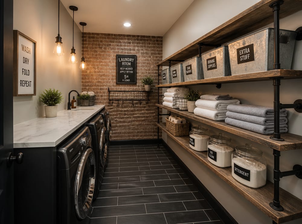 Reclaimed wood and pipe shelves, exposed brick backdrop