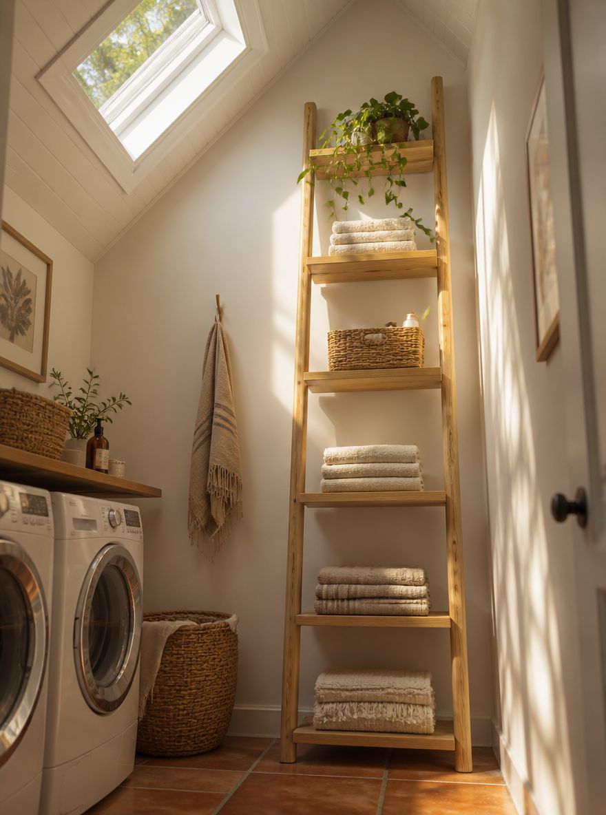 Leaning ladder shelf reaching toward vaulted ceiling