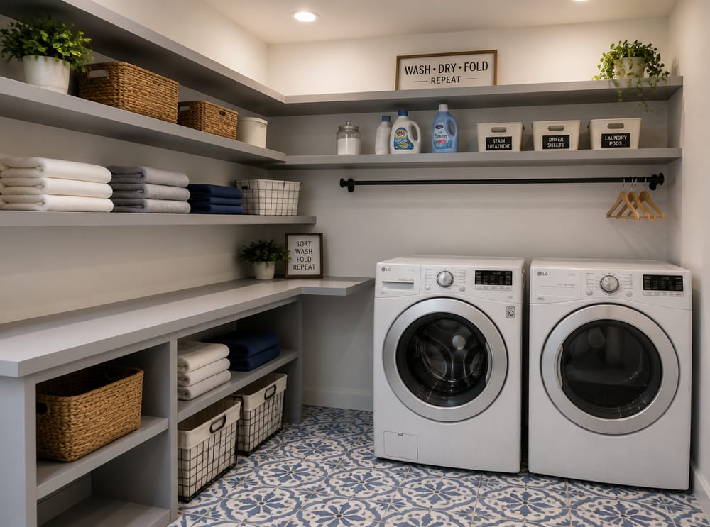 L-shaped open shelving wrapping two walls
