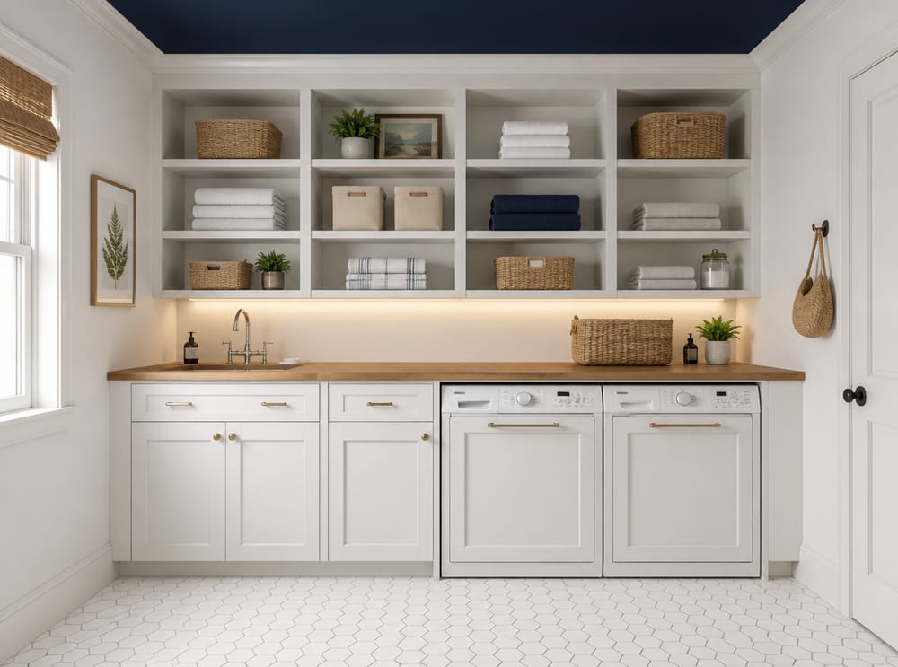 Integrated cabinet-and-shelf wall with butcher block top