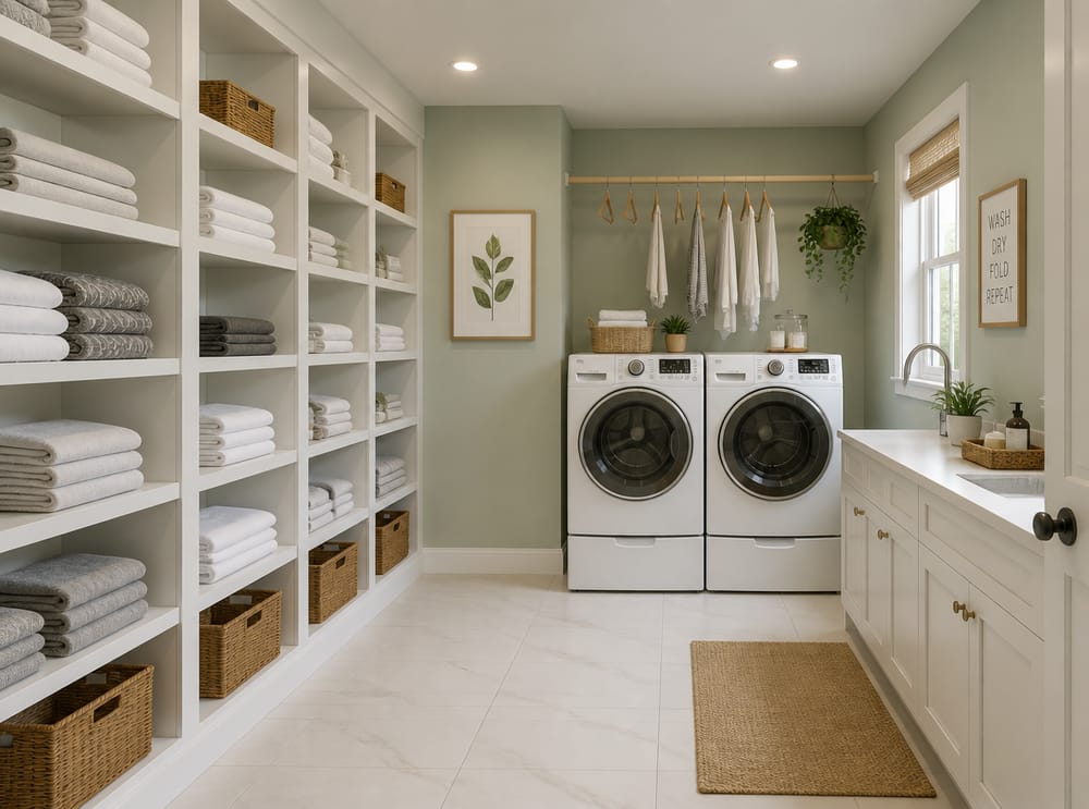Linen storage wall opposite front-load machines