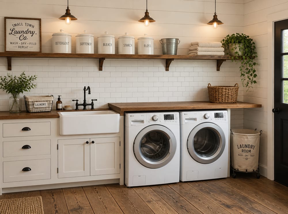 Pine shelf above machines in farmhouse laundry room