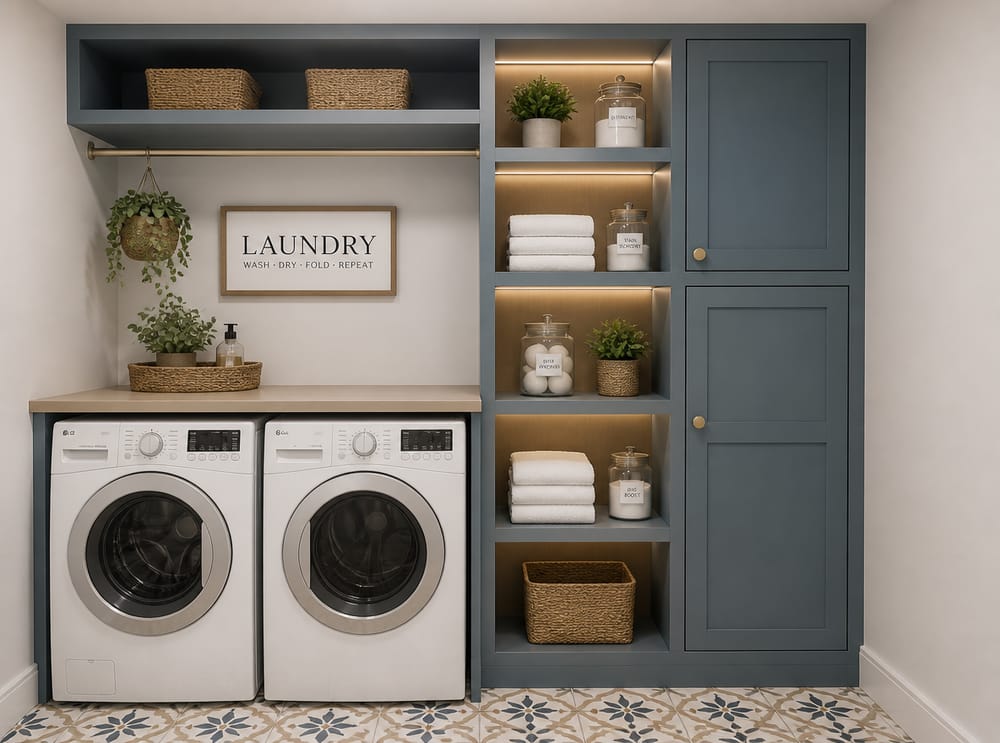Dusty blue built-in column with mixed open shelves