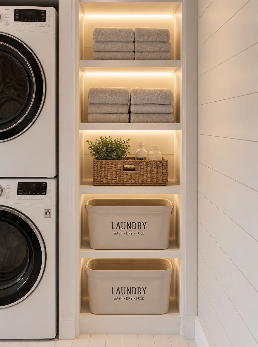 Built-in column with LED-lit shelves beside stacked machines
