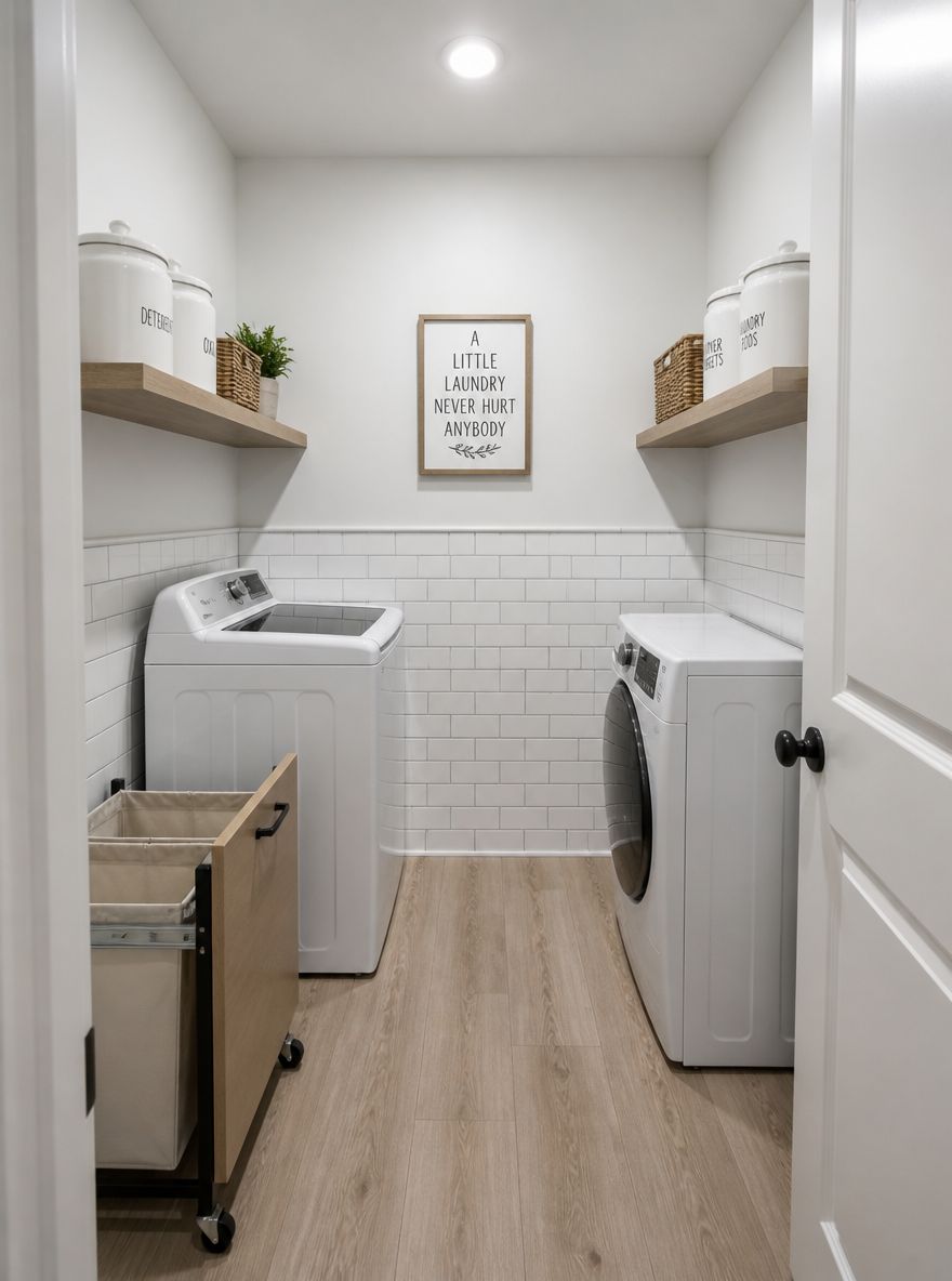 Galley laundry with matching shelves on both walls