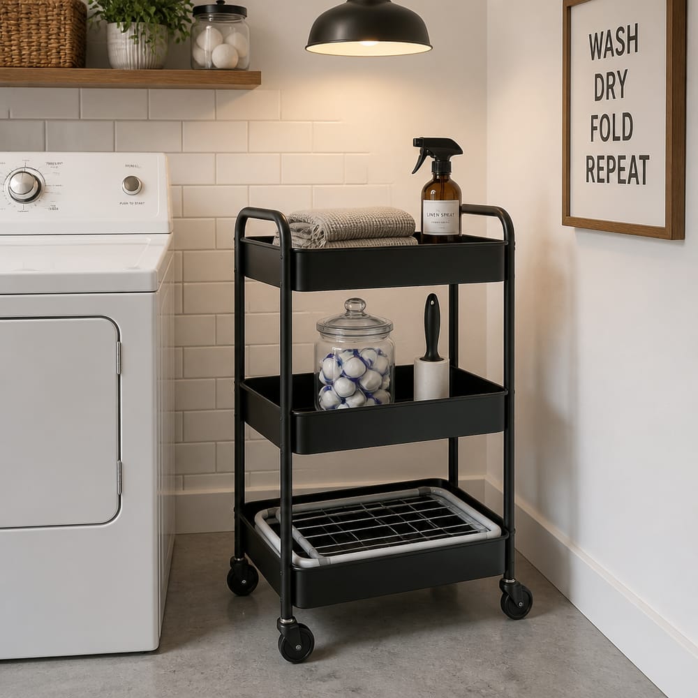 Rolling three-tier cart tucked beside the dryer