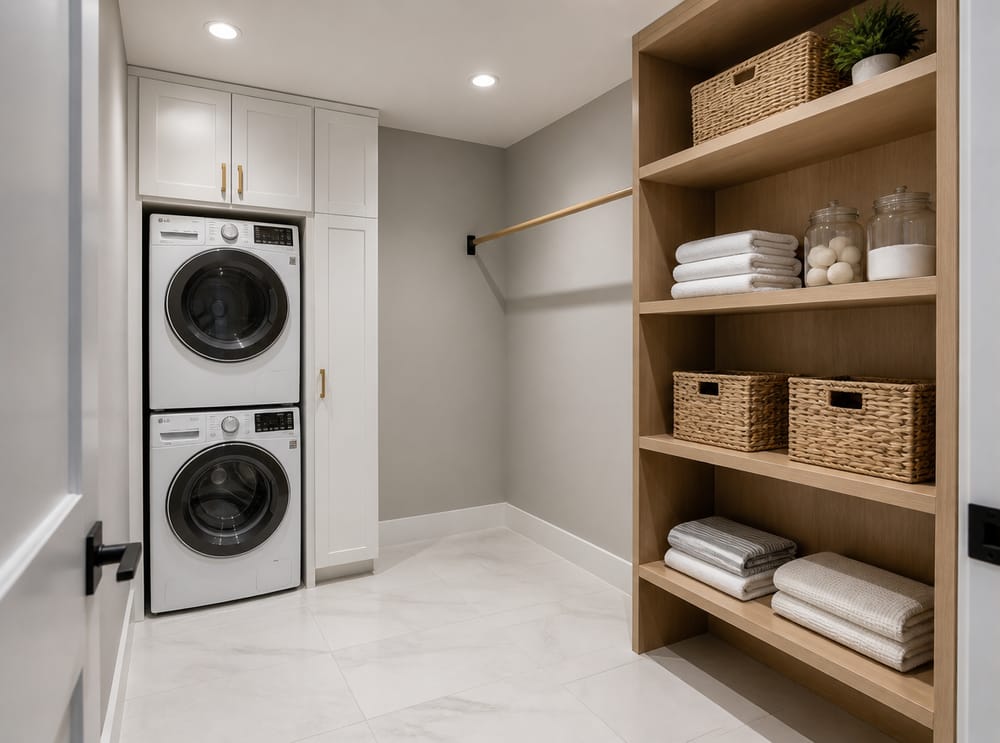 Oak shelving unit with wall-mounted drying rod