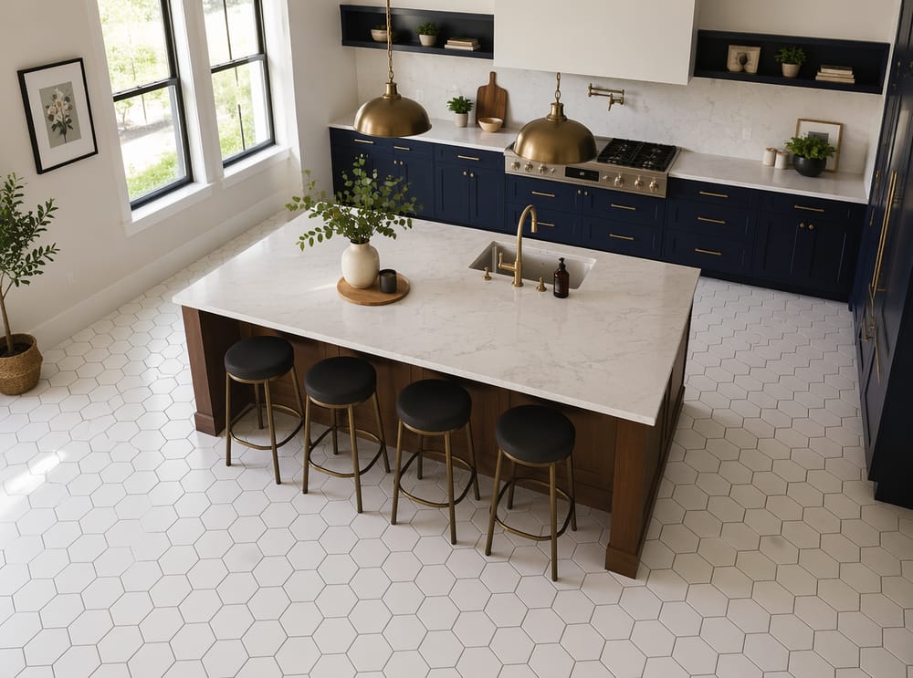 Azulejos hexagonales blancos bajo isla azul marino