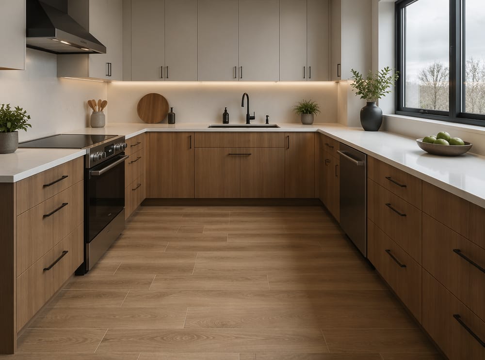 Planchas de porcelanato imitación madera en cocina en U