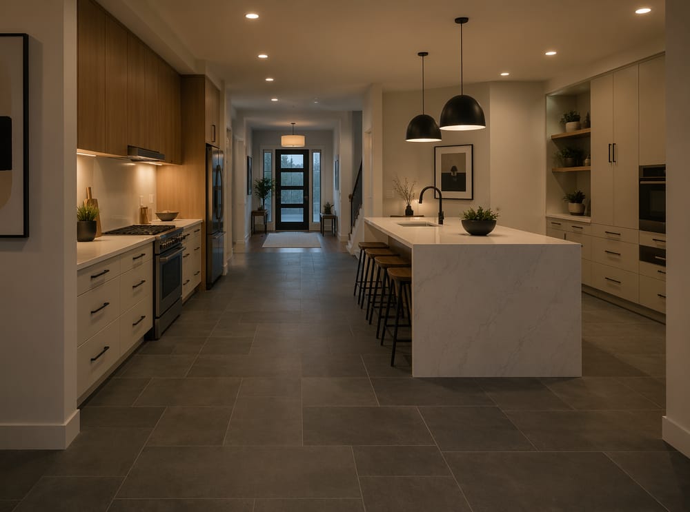 Azulejos gris pizarra desplazados con isla tipo cascada