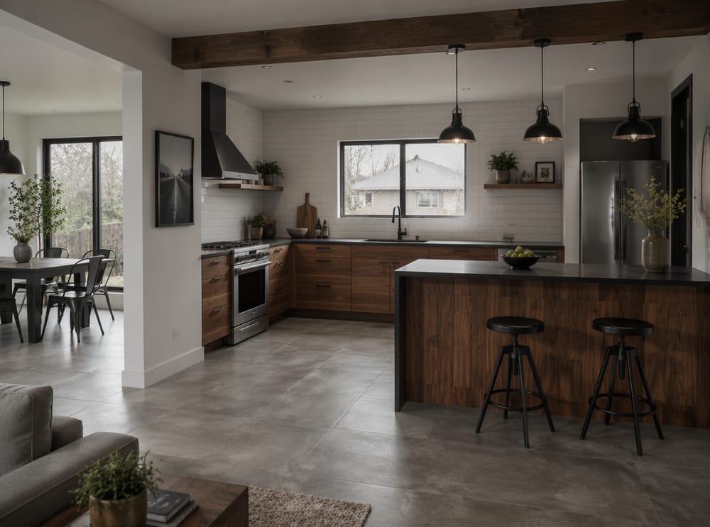 Azulejos efecto concreto que se extienden hacia comedor