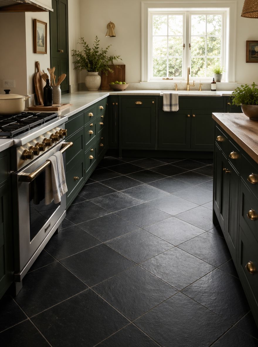Azulejos pizarra en rombo en cocina verde intenso