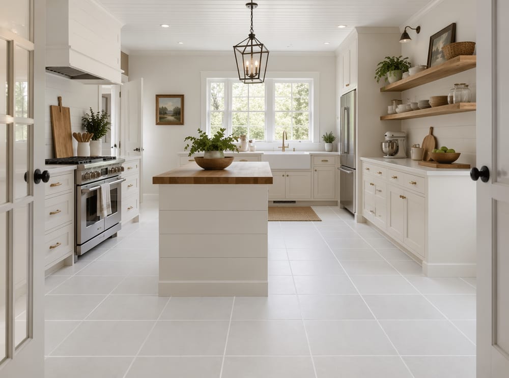 Azulejos blancos con juntas anchas en cocina estilo granja