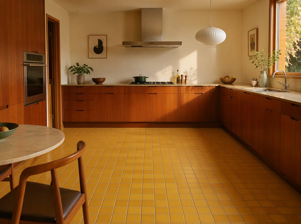 Azulejos amarillo mostaza en cocina de teca mid-century