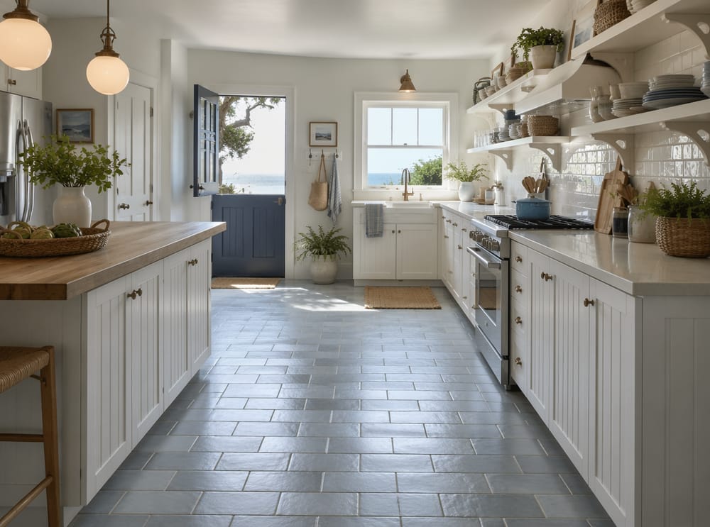 Azulejos cerámicos azul grisáceo en cocina costera