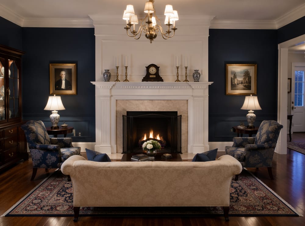 Cornice georgiana scanalata su parete blu navy