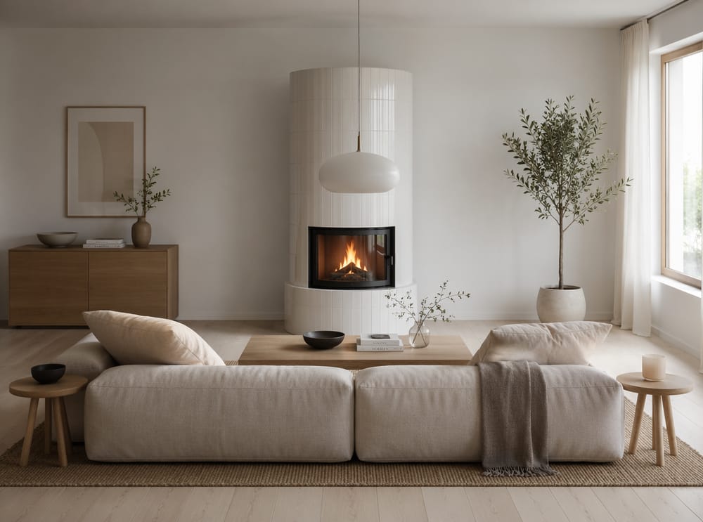 Stufa freestanding rotonda in ceramica bianca in stile scandinavo