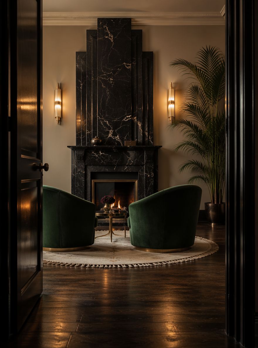 Cornice art déco in marmo nero con poltrone in velluto verde smeraldo