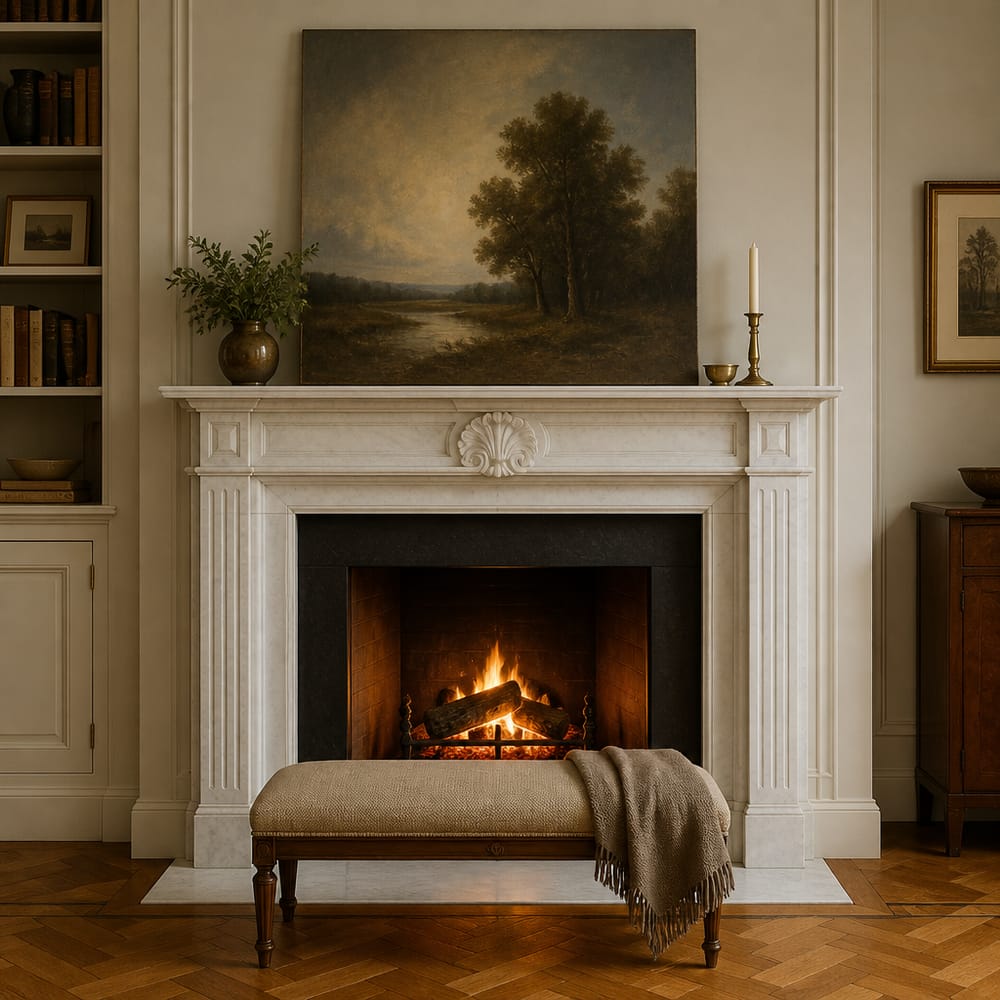 Cornice in marmo bianco scolpito con quadro a olio sopra