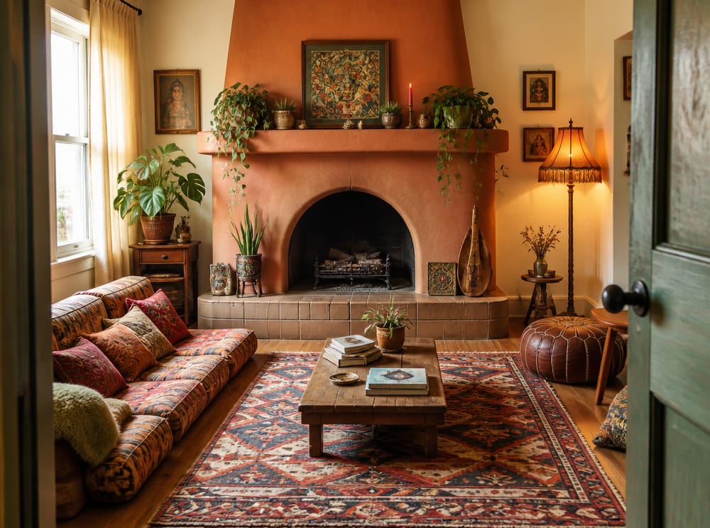 Camino ad arco in intonaco terracotta con tappeto kilim