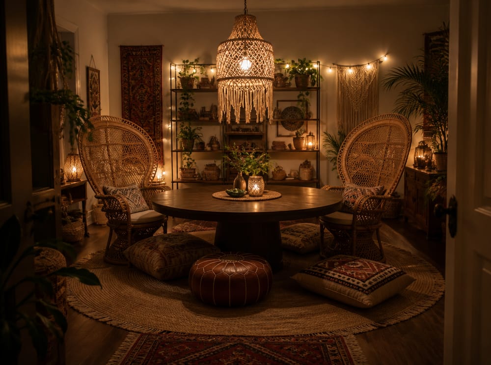 Lampa makramowa w wielowarstwowej boho jadalni