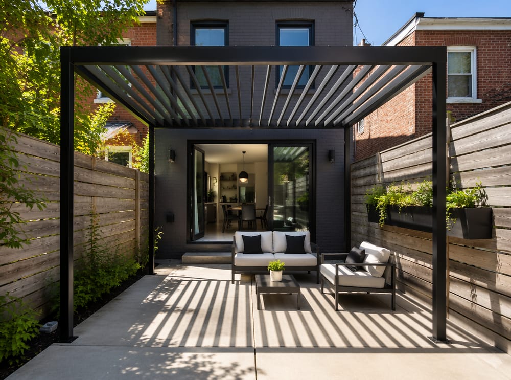 Stalen lamellenpergola in compacte stadstuin