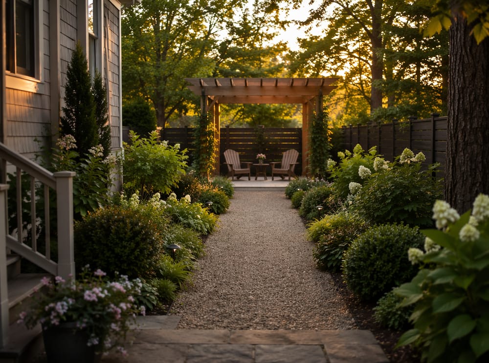 Pergola als tuinaccent aan het einde van een pad