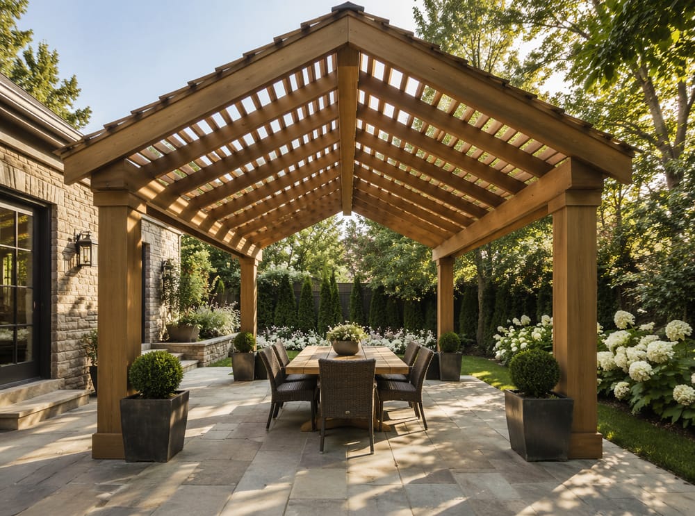 Pergola met zadeldak en buxusbollen bij de palen