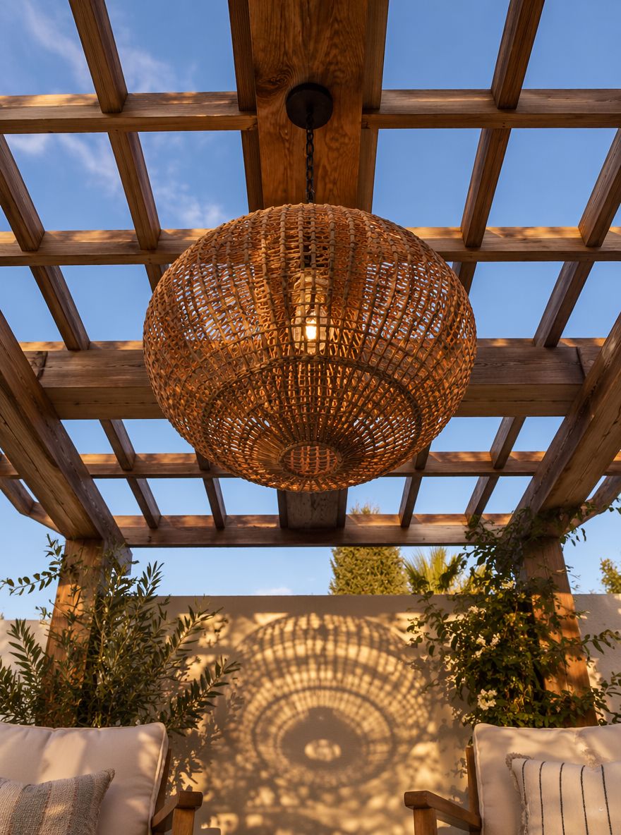 Rotan hanglamp werpt ronde schaduw op de vloer